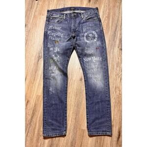 Vtg 2000s Polo Ralph Lauren Sullivan Slim Y2K Graphic Skull Jeans 33x32 Rare HTF